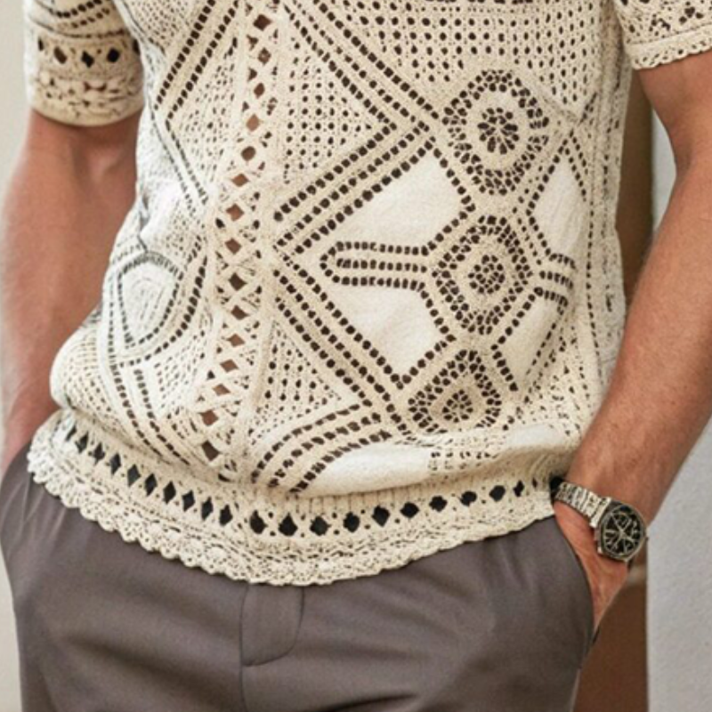 Men's Summer Fashion Casual Vacation Lapel Hollow Knitted Short-sleeved T-shirt