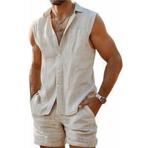 Men's Summer Cool Skin-Friendly Casual Cotton And Linen Sleeveless Set