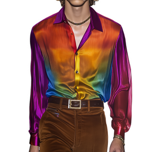 Herren Retro Casual Rainbow Print Leichtes Revers Langarmhemd