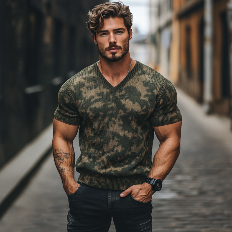 Men's Outdoor Camouflage Jacquard V-Neck Slim Fit Knitted Short Sleeve Sweater T-Shirt
