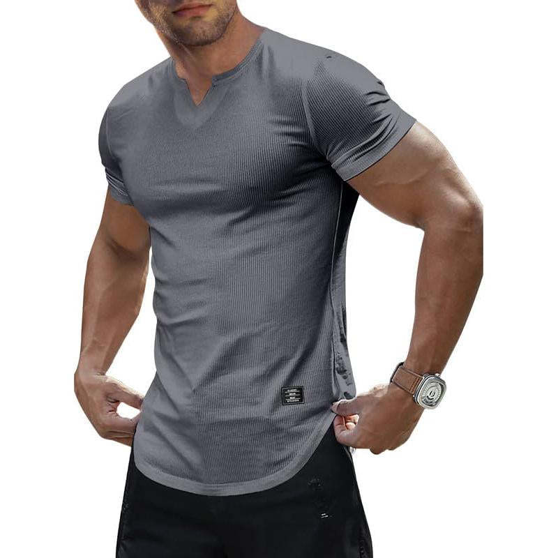 Einfarbiges, gestricktes Kurzarm-T-Shirt mit V-Ausschnitt für Herren