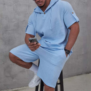 Zweiteiliges Set aus einfarbigen Kurzarmshorts aus Baumwolle und Leinen für Herren