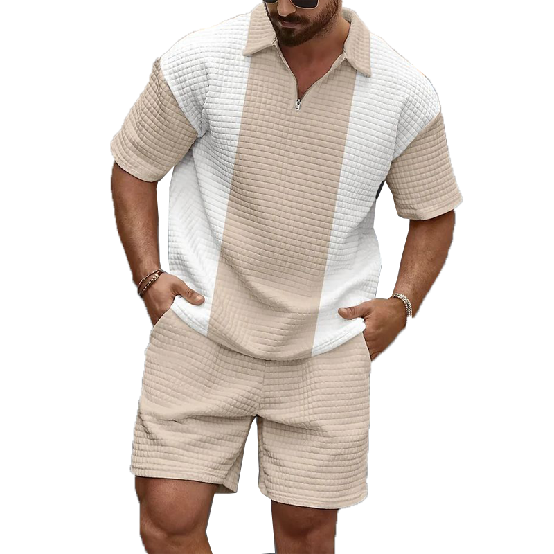 Men's Spring And Summer Casual Waffle Stitching Pullover T-shirt Shorts Set