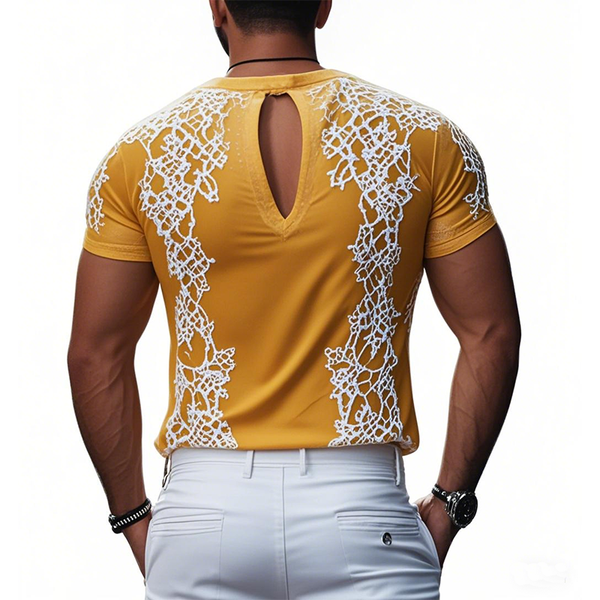 Men's Spring Fashion Deep V Neck Exquisite Embroidery Cotton Short Sleeve T-shirt