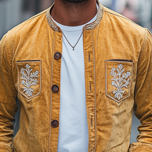 Men's Spring Fashion Retro Embroidered Suede Long Sleeve Shirt