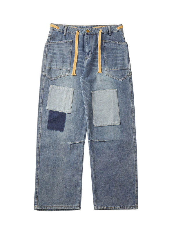 Drawstring Denim Patch Washed Jeans