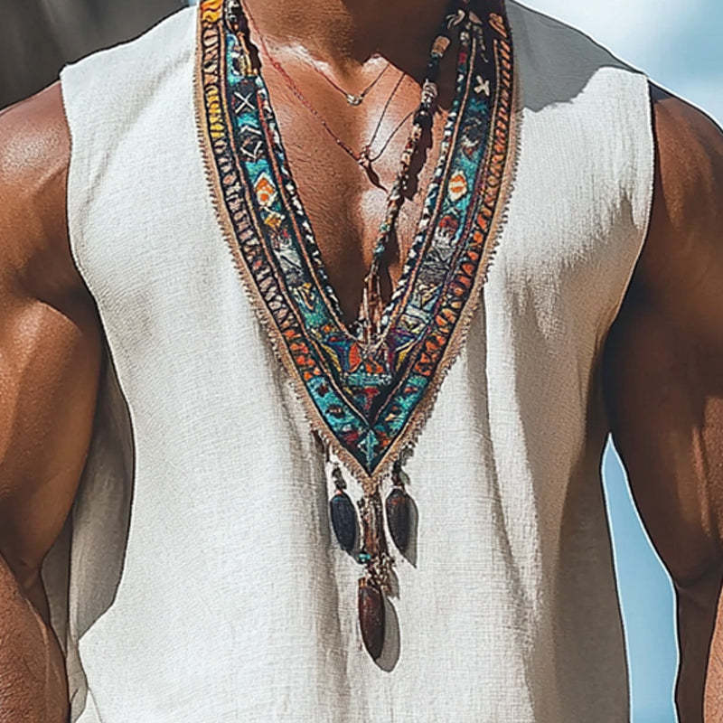 Men's Summer Retro Deep V Neck Cotton And Linen Embroidered Tank Top