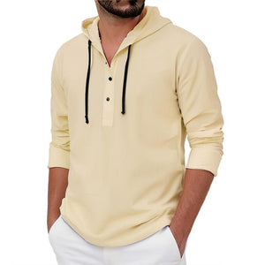 Men's Casual Solid Button Hooded Long Sleeve Shirt