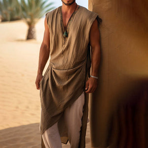 Men's Cotton And Linen Sleeveless Long Robe