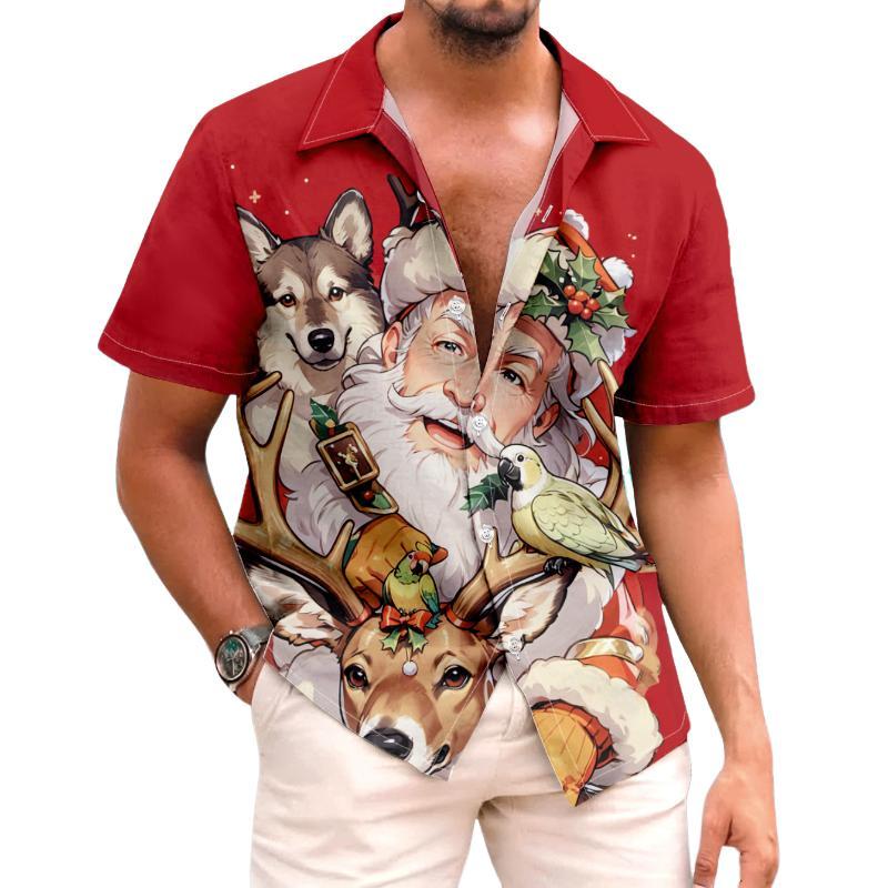 Herren Vintage Casual Weihnachtsmann Weihnachten Revers Kurzarmhemd