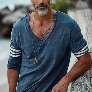 Lockeres Langarm-T-Shirt mit V-Ausschnitt und gestreiftem Patchwork für Herren