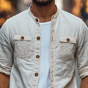 Men's Spring Fashion Personalized Lace Pocket Stitching Cotton And Linen Long Sleeve Shirt