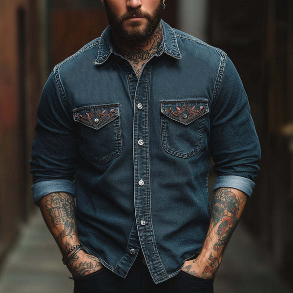 Men's Vintage Blue Embroidered Washed Denim Long Sleeve Shirt