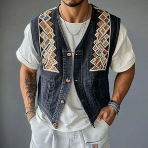 Men's Geometric Embroidered Denim Vest