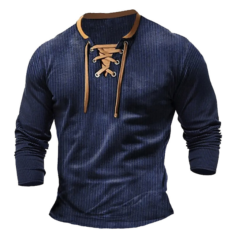 Men's Vintage Ribbed Knitted Lace-Up Color Block Long Sleeve T-shirt