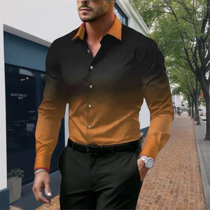 Men's Gradient Lapel Button Loose Long Sleeve Shirt