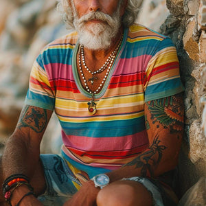 Herren-T-Shirt mit Rundhalsausschnitt und Vintage-Regenbogenstreifen-Print, kurzärmelig