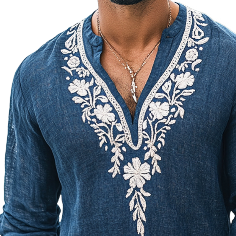 Lässiges Vintage-Langarmhemd aus Baumwolle und Leinen mit Henley-Kragen und Stickerei für Herren