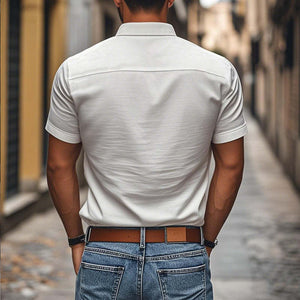 Men's Casual Comfortable Cotton Lapel Single Breasted Slim Fit Short Sleeve Shirt
