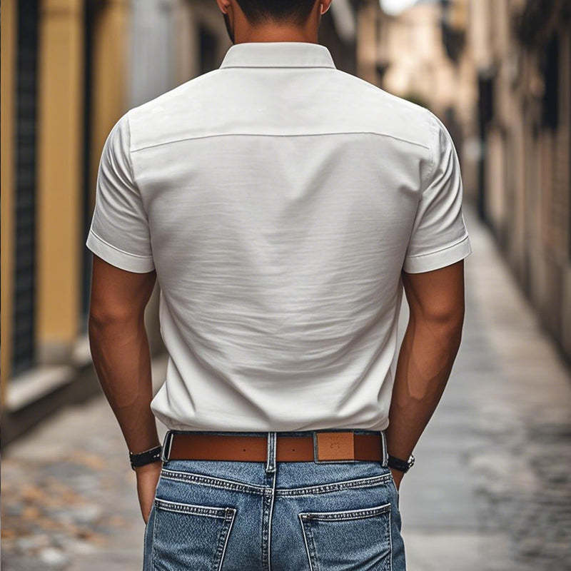 Lässiges, bequemes Herrenhemd aus Baumwolle mit Revers, einreihig, Slim Fit, kurzärmelig