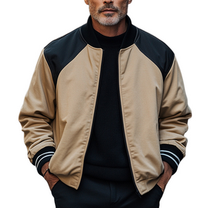 Men's Retro Black Camel Colorblock Zipper Baseball Jacket