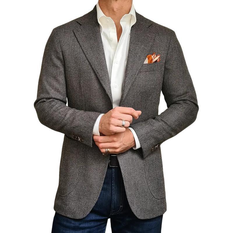 Herren-Blazer im Vintage-Stil mit Fischgrätenmuster, Revers und zwei Knöpfen