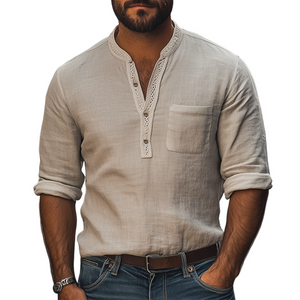 Men's Spring New Retro Ethnic Lace Stitching Deep V-neck Long-sleeved Shirt