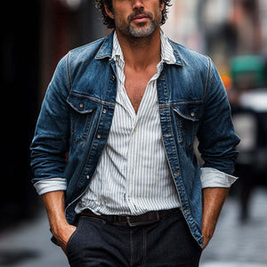 Men's Vintage Dark Blue Washed Denim Jacket
