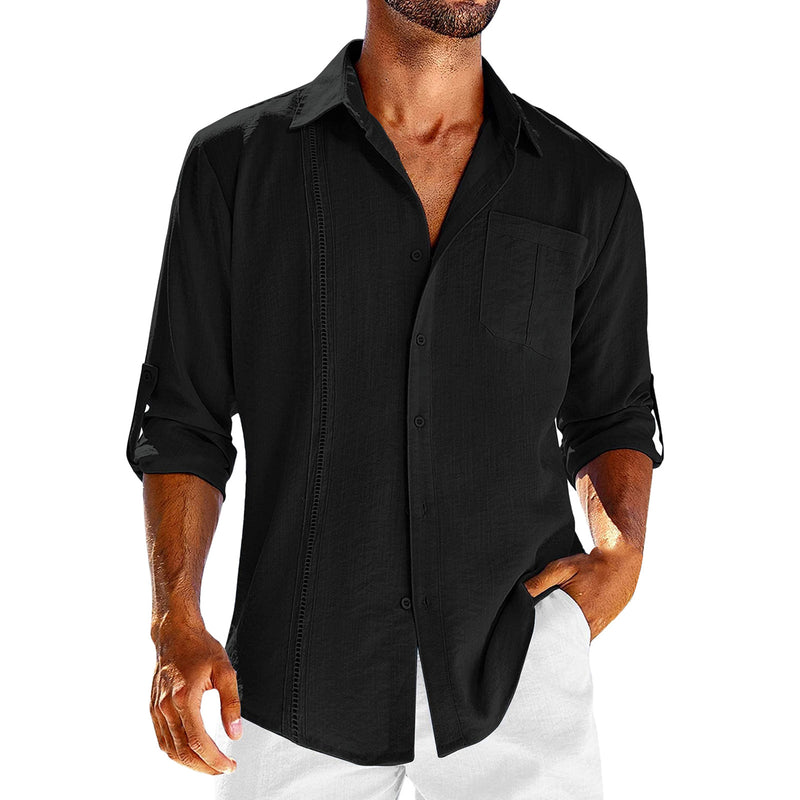 MEN'S COTTON AND LINEN LACE CASUAL WRIST POCKET CASUAL SHIRT