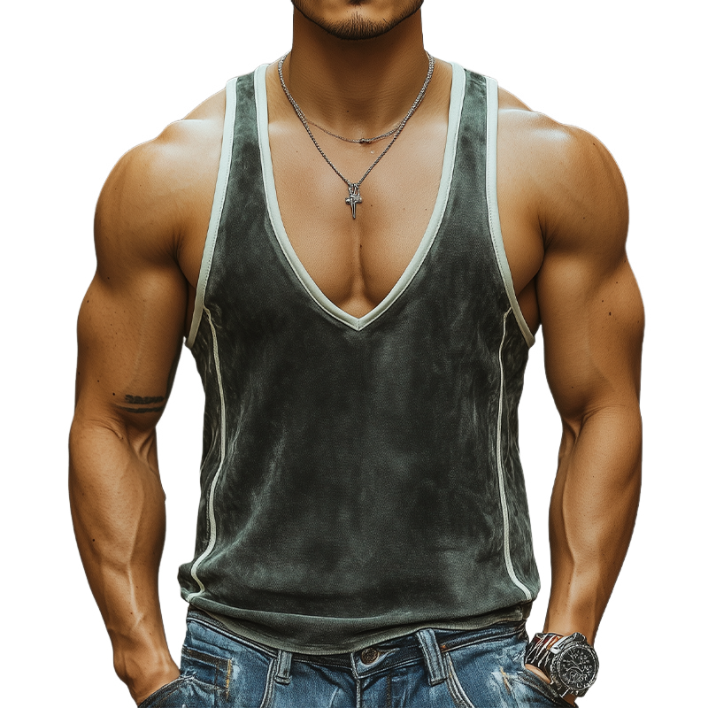 Herren Sommermode Persönlichkeit Freizeit Tiefer V-Ausschnitt Nähte Wildleder Tank Top