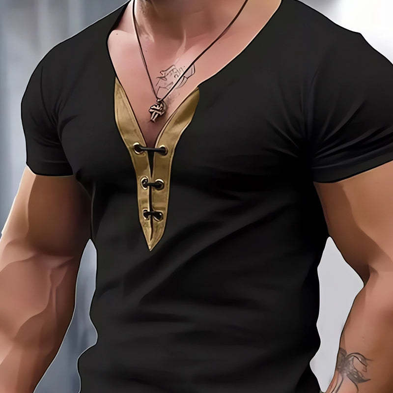 Men's Leather Collar Patchwork V-Neck Slim Fit Short Sleeve T-Shirt