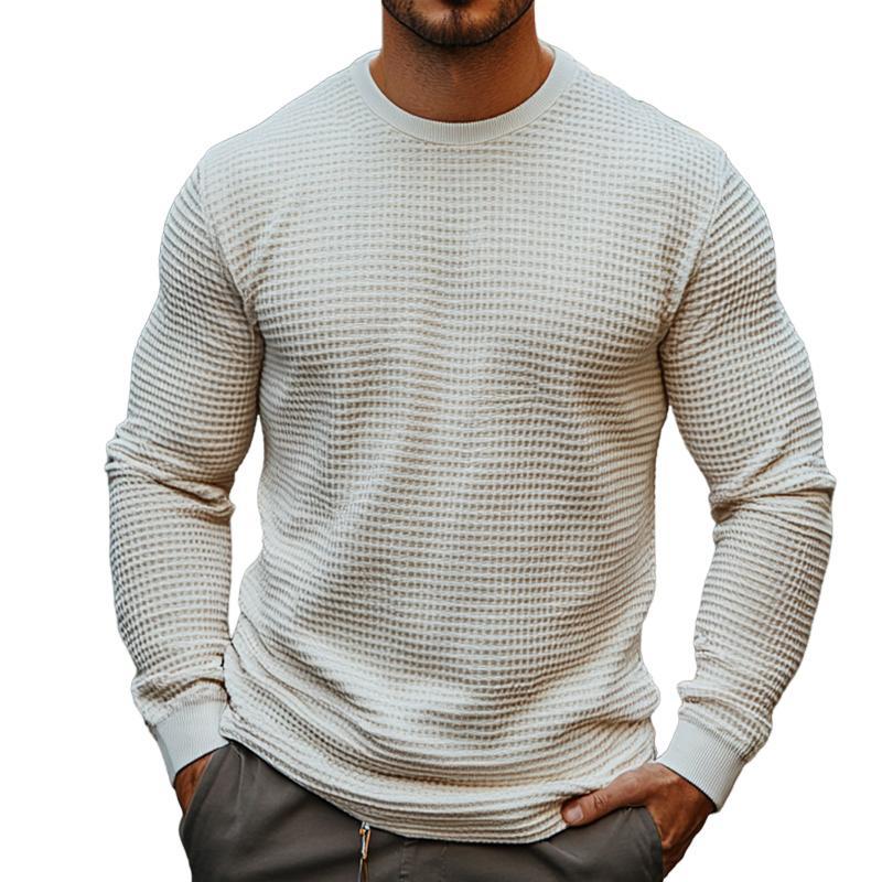 Herren Retro Casual Solid Color Waffel Rundhals Langarm T-Shirt
