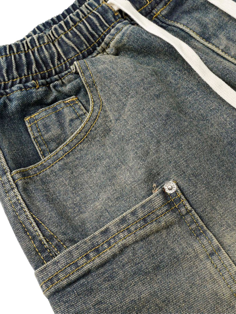 Washed Distressed Split Drawstring Barrel Jeans