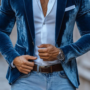 Men's Fashion Solid Velvet Notch Lapel Two Buttons Casual Blazer