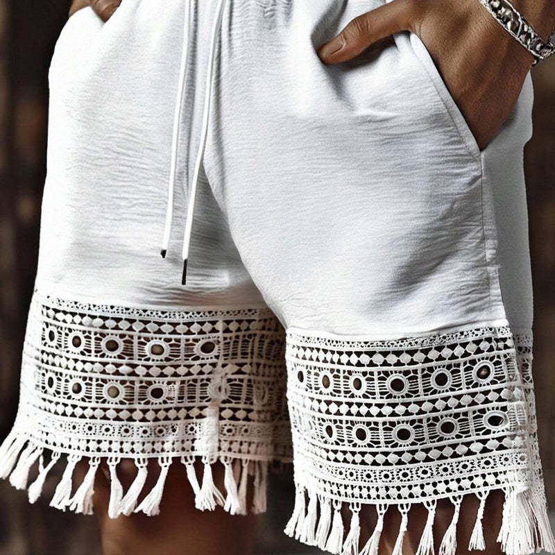 Herren-Patchwork-Shorts aus Baumwolle und Leinen mit Spitze