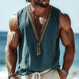 Herren Sommer Tank Top mit V-Ausschnitt und Vintage-Stickerei