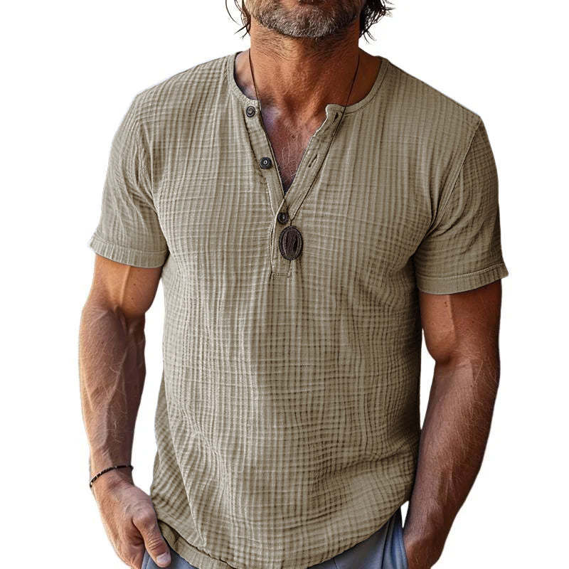 Lässiges Herren-T-Shirt mit Waffelmuster und Henley-Ausschnitt, schmale Passform, kurzärmelig