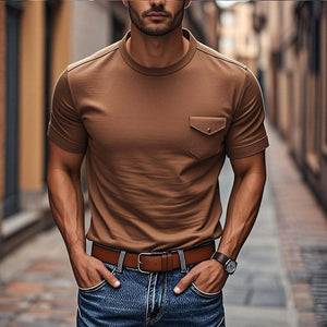 Men's Casual Cotton Round Neck Chest Pocket Slim Fit Short Sleeve T-Shirt
