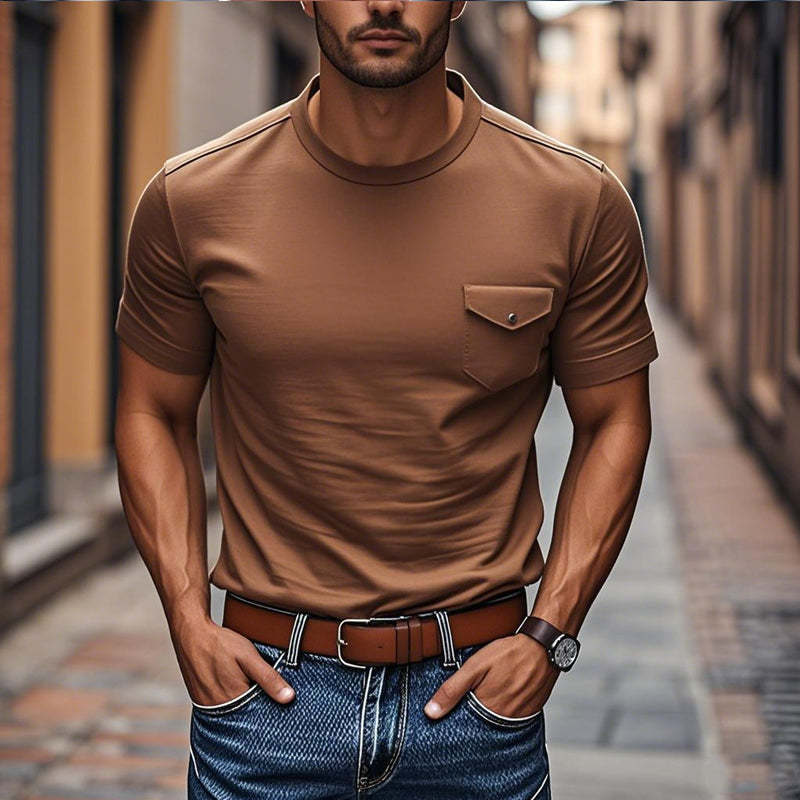 Lässiges Herren-T-Shirt aus Baumwolle mit Rundhalsausschnitt und Brusttasche, schmale Passform, kurzärmelig