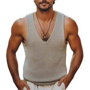 Men's Summer Basic V-neck Mesh Knitted Casual Tank Top