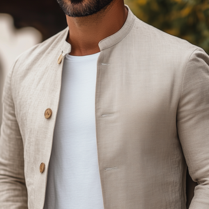 Klassische Frühlings-Retro-Casual-Stehkragenjacke aus Baumwolle und Leinen für Herren