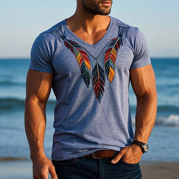 Herren-T-Shirt mit Vintage-Federstickerei, kurzärmelig