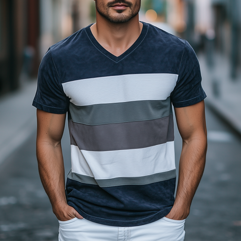 Men's Spring Fashion Personality Slim V-neck Suede Splicing Short Sleeve T-shirt