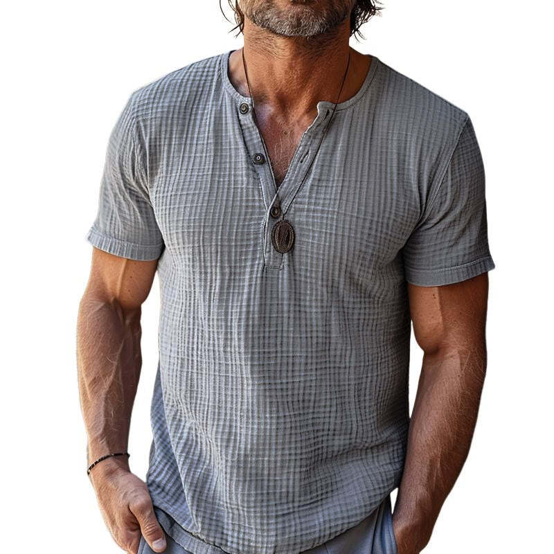Lässiges Herren-T-Shirt mit Waffelmuster und Henley-Ausschnitt, schmale Passform, kurzärmelig