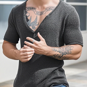 Men's Casual Solid Color V-Neck Slim Short Sleeve Knitted Sweater T-Shirt