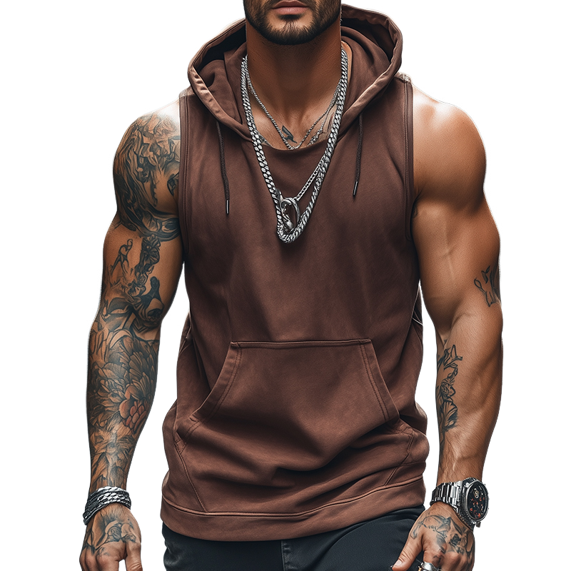 Men's Retro Casual Solid Color Sports Hooded Tank Top