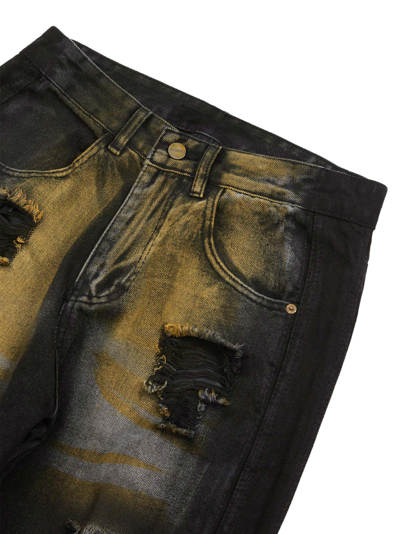 Hip-hop Washed Distressed Loose Spray-dyed Jeans