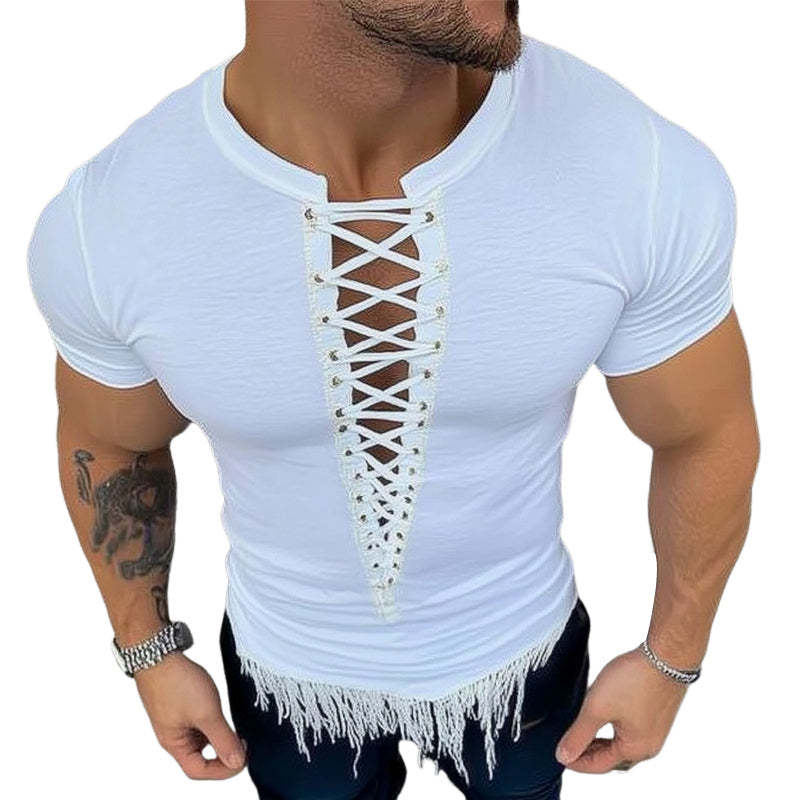 Men's Summer Fashion Lace-up Tassel Short-sleeved T-shirt