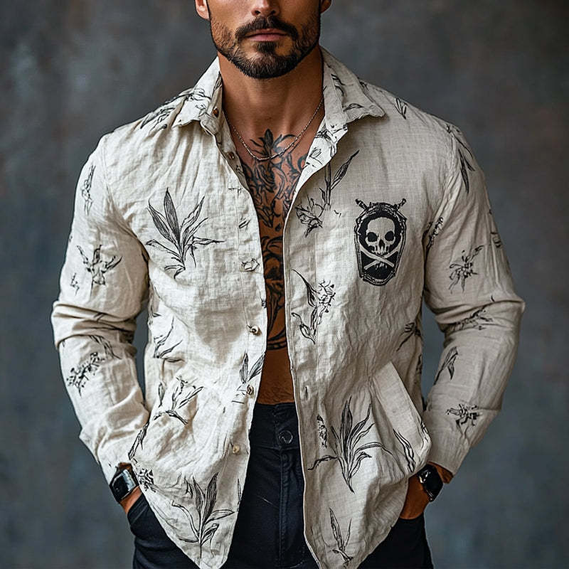 Herren-Langarmhemd mit Revers und Piraten-Print