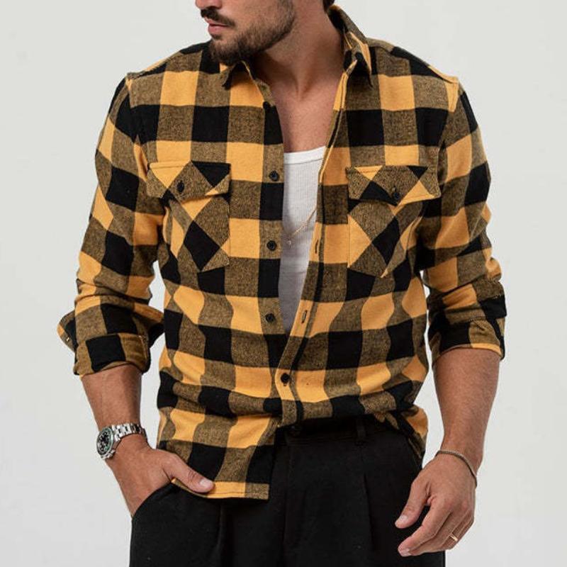 Men's Retro Casual Plaid Pocket Lapel Long Sleeve Shirt